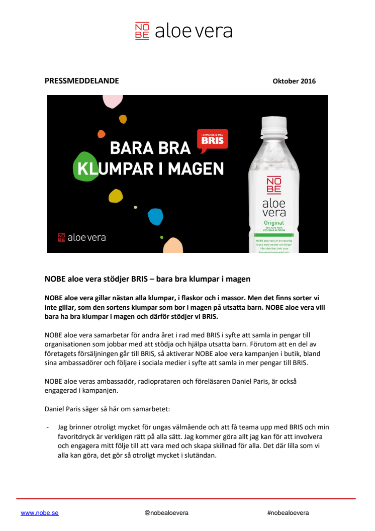 NOBE aloe vera stödjer BRIS – bara bra klumpar i magen 