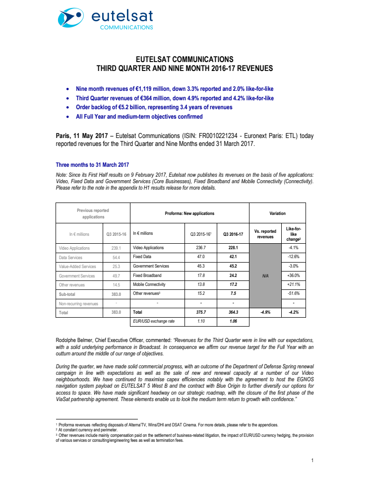 EUTELSAT COMMUNICATIONS  THIRD QUARTER AND NINE MONTH 2016-17 REVENUES  