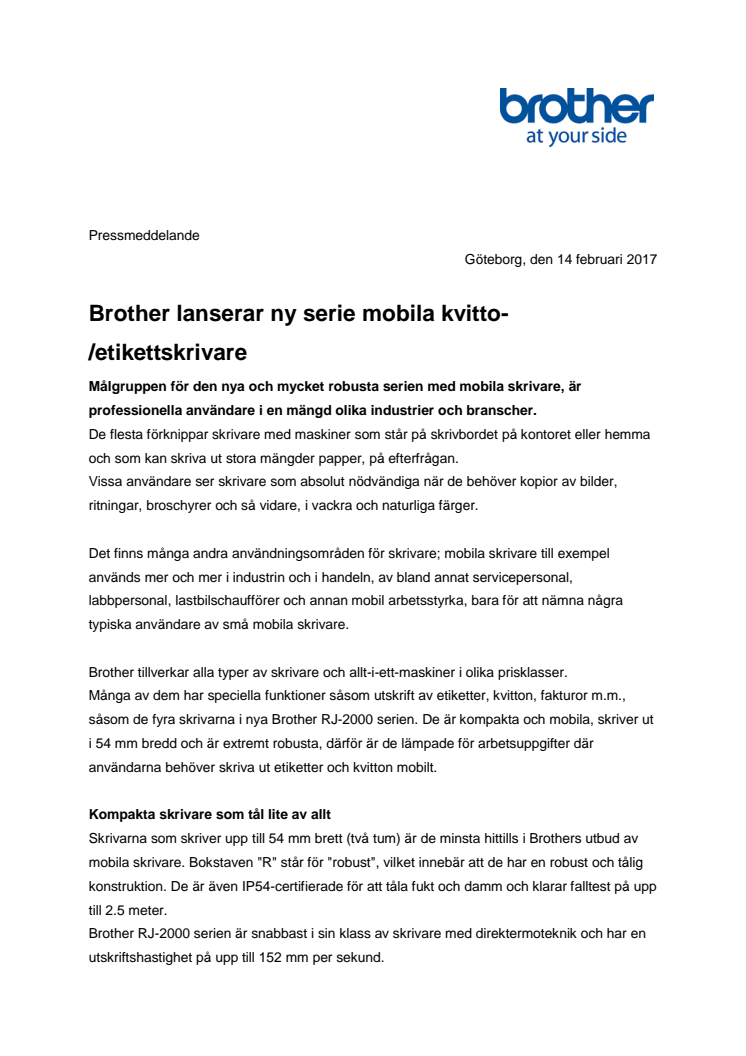 Brother lanserar ny serie mobila kvitto-/etikettskrivare 