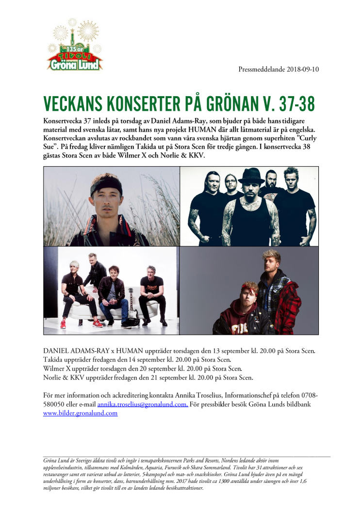 Veckans konserter på Grönan V. 37-38