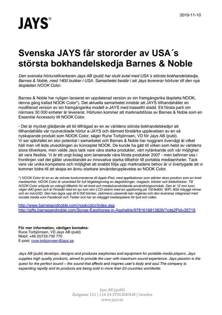 Svenska JAYS får stororder av USA´s största bokhandelskedja Barnes & Noble