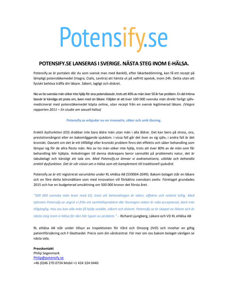 Potensify.se lanseras nu i Sverige. Nästa steg inom e-hälsa. 