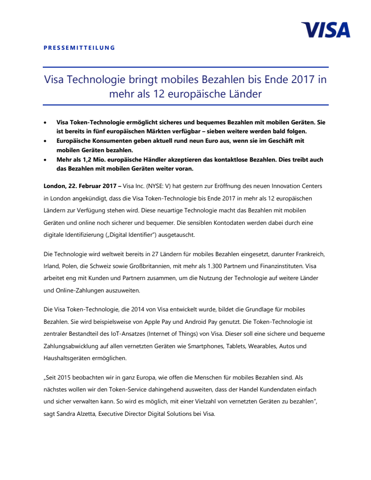 Visa Technologie bringt mobiles Bezahlen bis Ende 2017 in mehr als 12 europäische Länder
