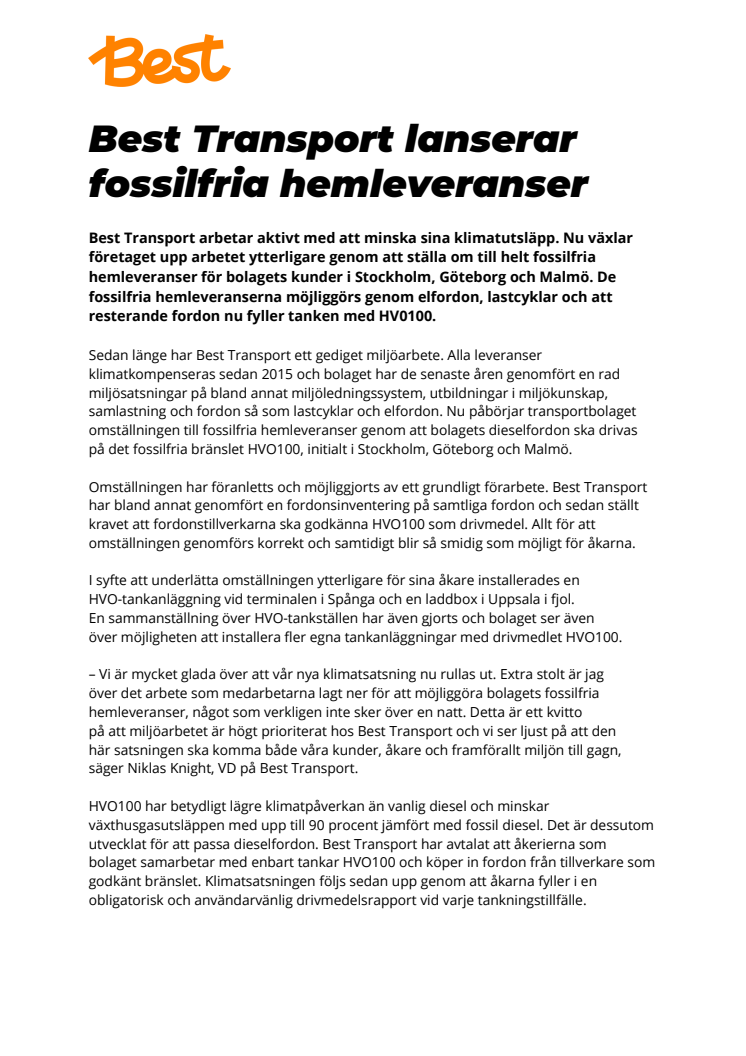 Best Transport lanserar fossilfria hemleveranser