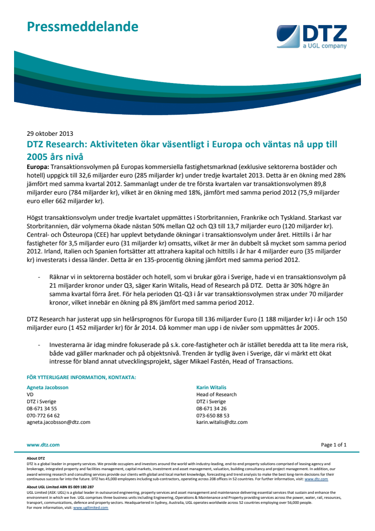 DTZ Research: Aktiviteten ökar väsentligt i Europa och väntas nå upp till 2005 års nivå