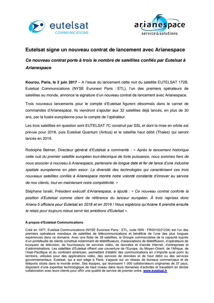 Eutelsat signe un nouveau contrat de lancement avec Arianespace 