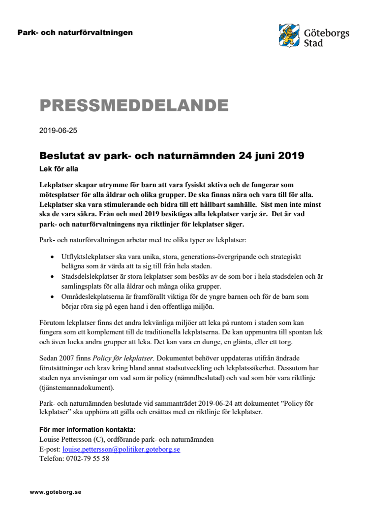 Beslutat av park- och naturnämnden i Göteborg, 24 juni 2019