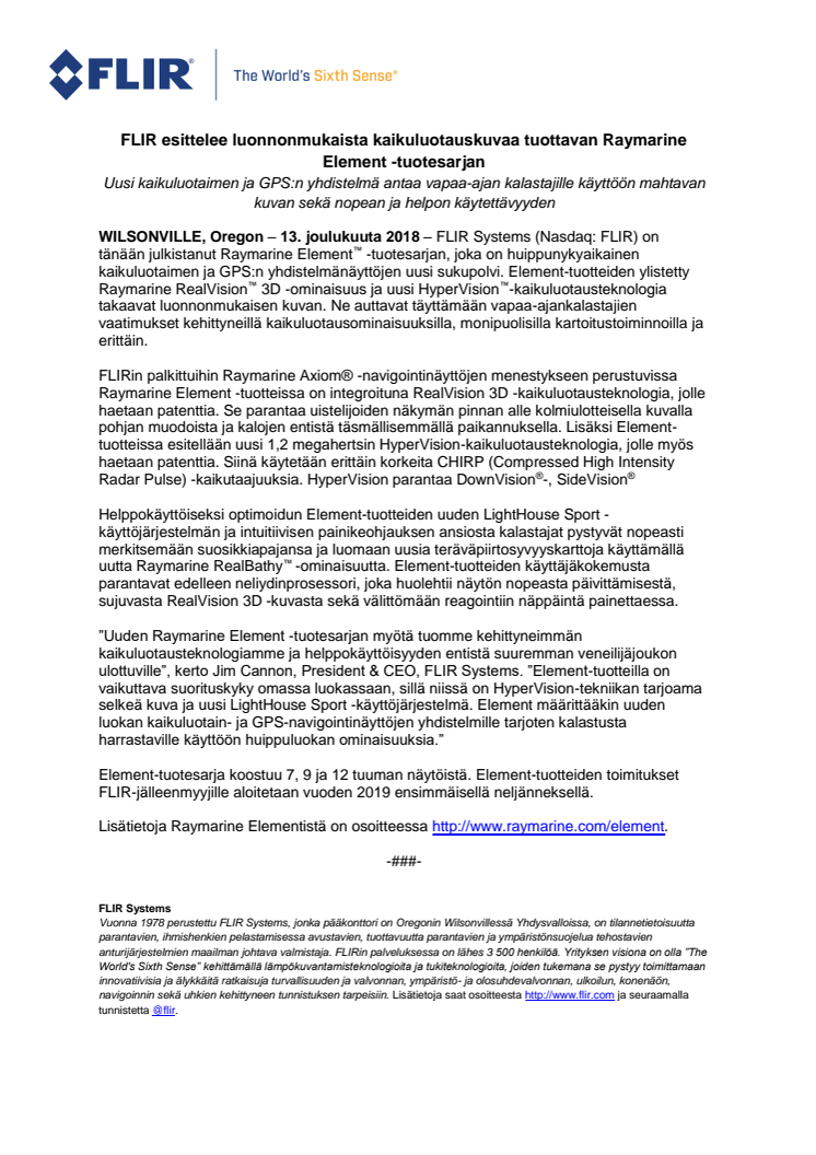 Raymarine: FLIR esittelee luonnonmukaista kaikuluotauskuvaa tuottavan Raymarine Element -tuotesarjan