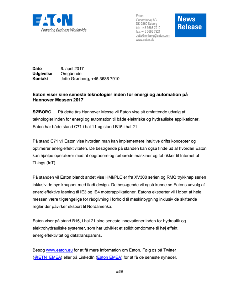 Eaton viser sine seneste teknologier inden for energi og automation på Hannover Messen 2017 