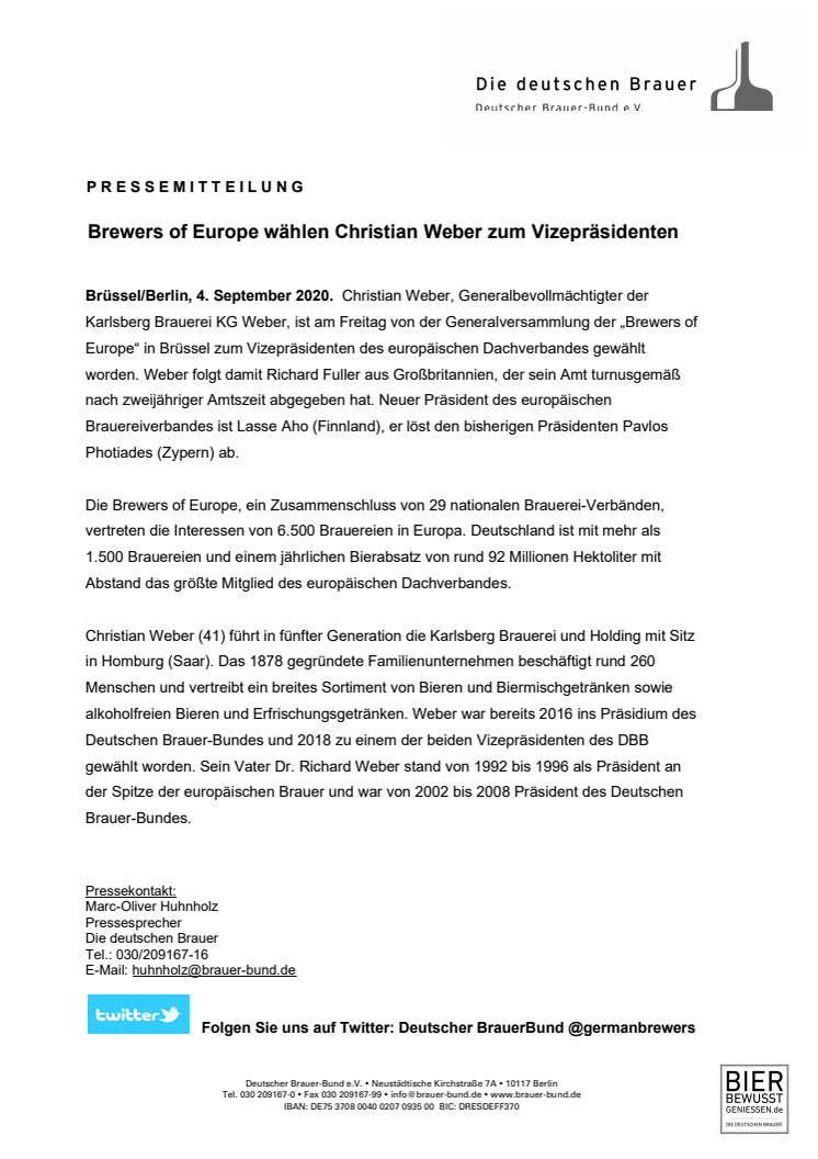 Presseinfo_Weber zum Vizepräsidenten der Brewers of Europe gewählt