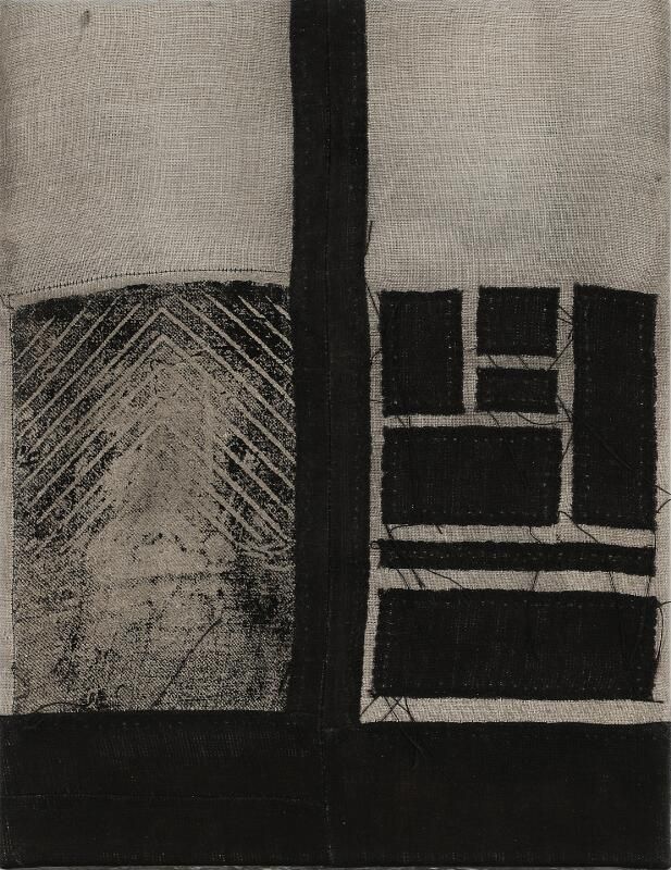 Asger Dybvad Larsen. Uden titel, 2019-2021. Signeret. Mixed media på sammensyet stof. 35 x 27 cm