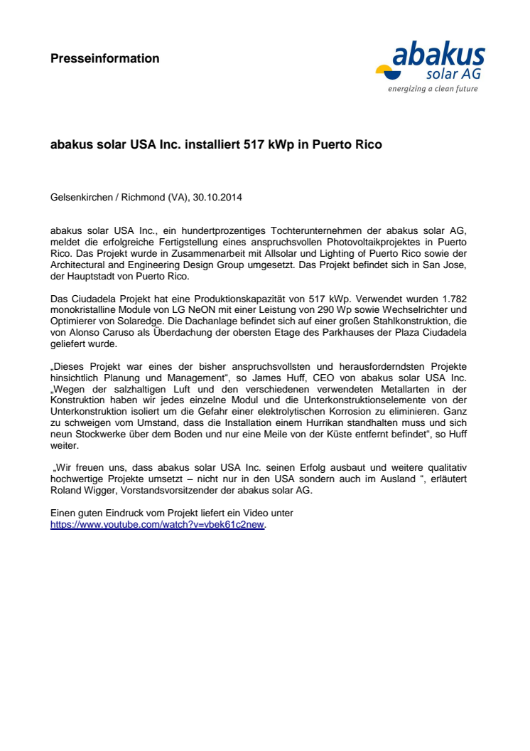 abakus solar USA Inc. installiert 517 kWp in Puerto Rico