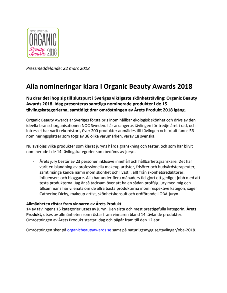 Alla nomineringar klara i Organic Beauty Awards 2018