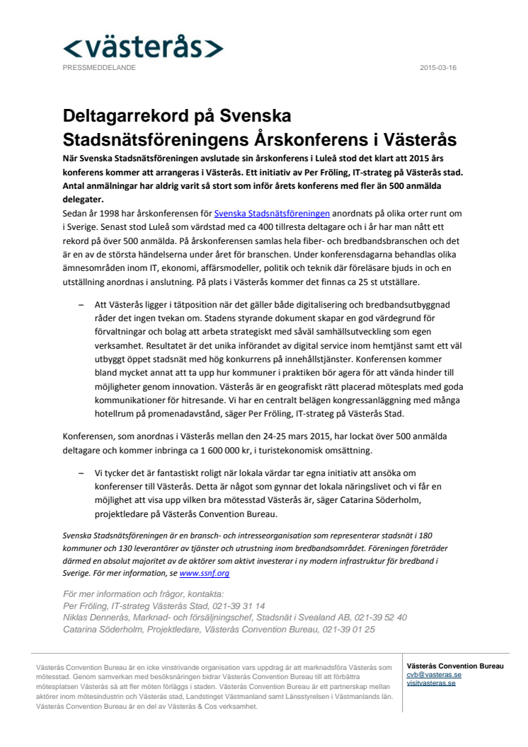 Deltagarrekord på Svenska Stadsnätsföreningens Årskonferens i Västerås 