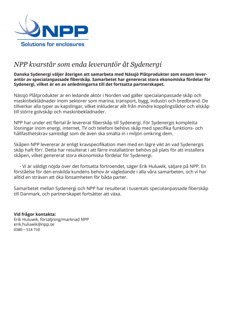 NPP kvarstår som leverantör åt Sydenergi