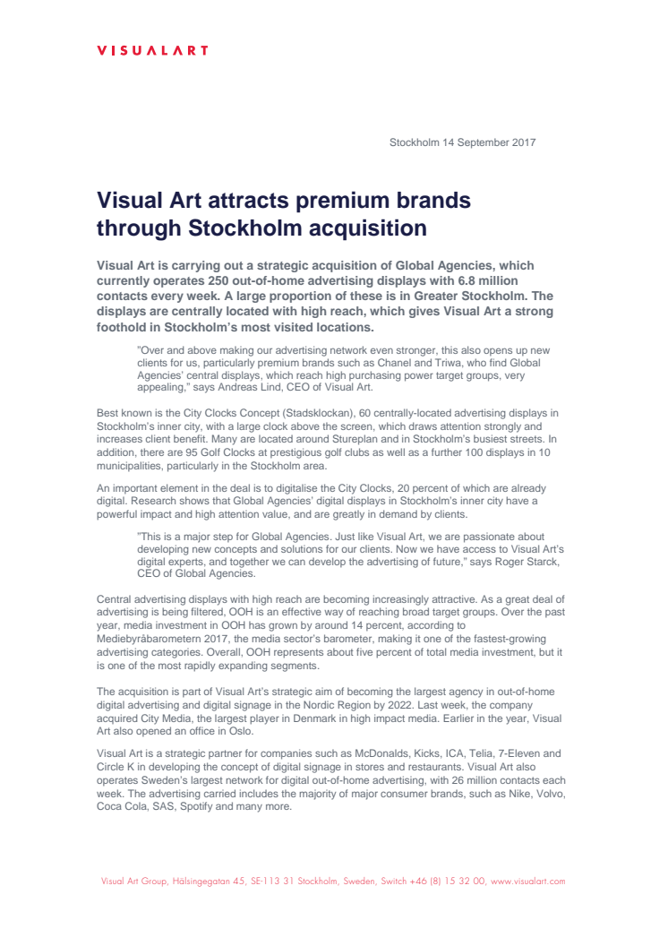 Visual Art attracts premium brands through Stockholm acquisition 