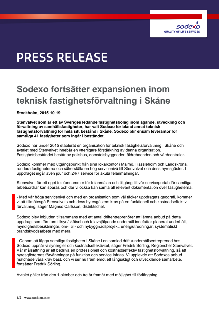 Sodexo fortsätter expansionen inom teknisk fastighetsförvaltning i Skåne