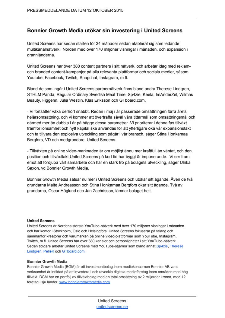 Bonnier Growth Media utökar sin investering i United Screens