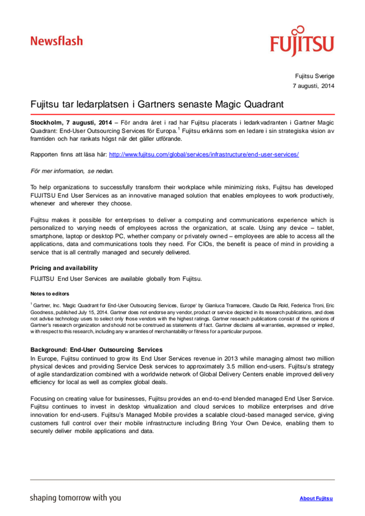Fujitsu tar ledarplatsen i Gartners senaste Magic Quadrant