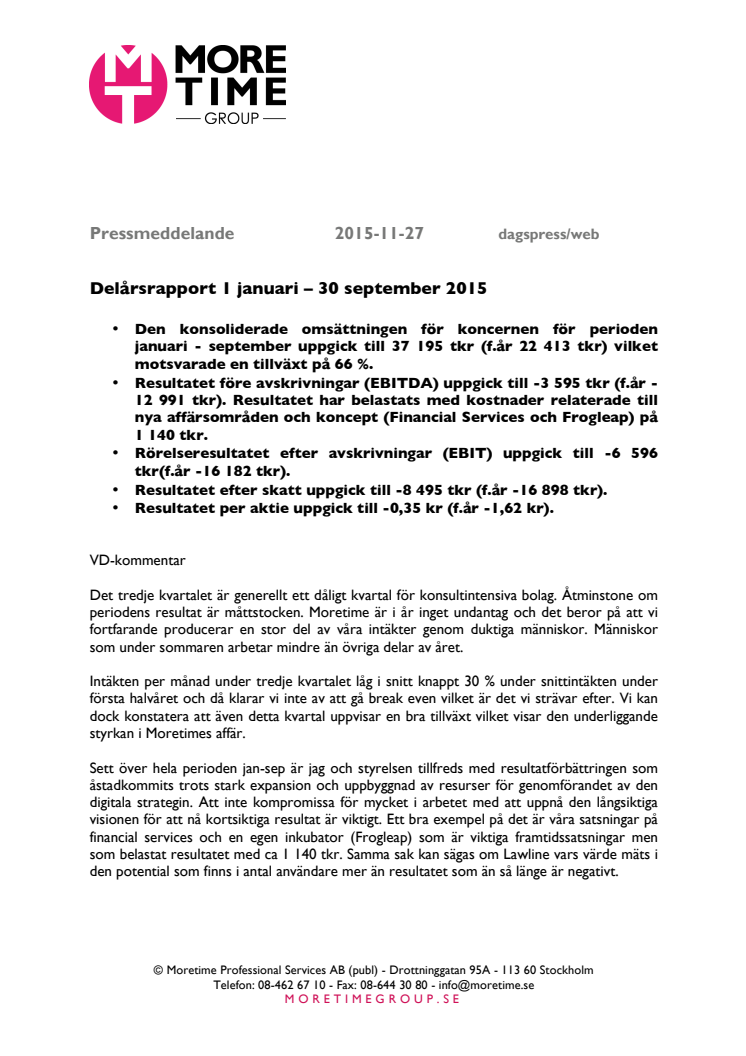 Delårsrapport 1 januari - 30 september 2015