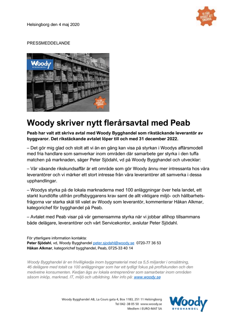 Woody skriver nytt flerårsavtal med Peab