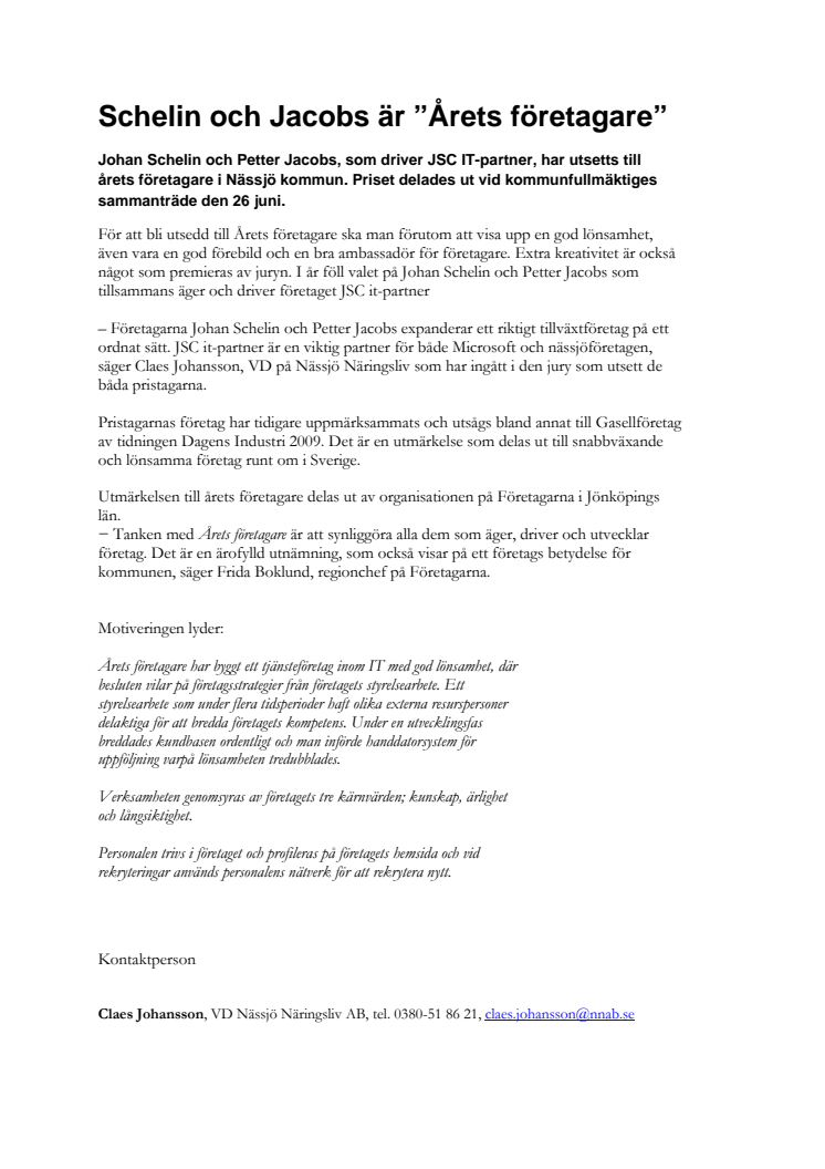 JSC it-partner Årets Företagare i Nässjö