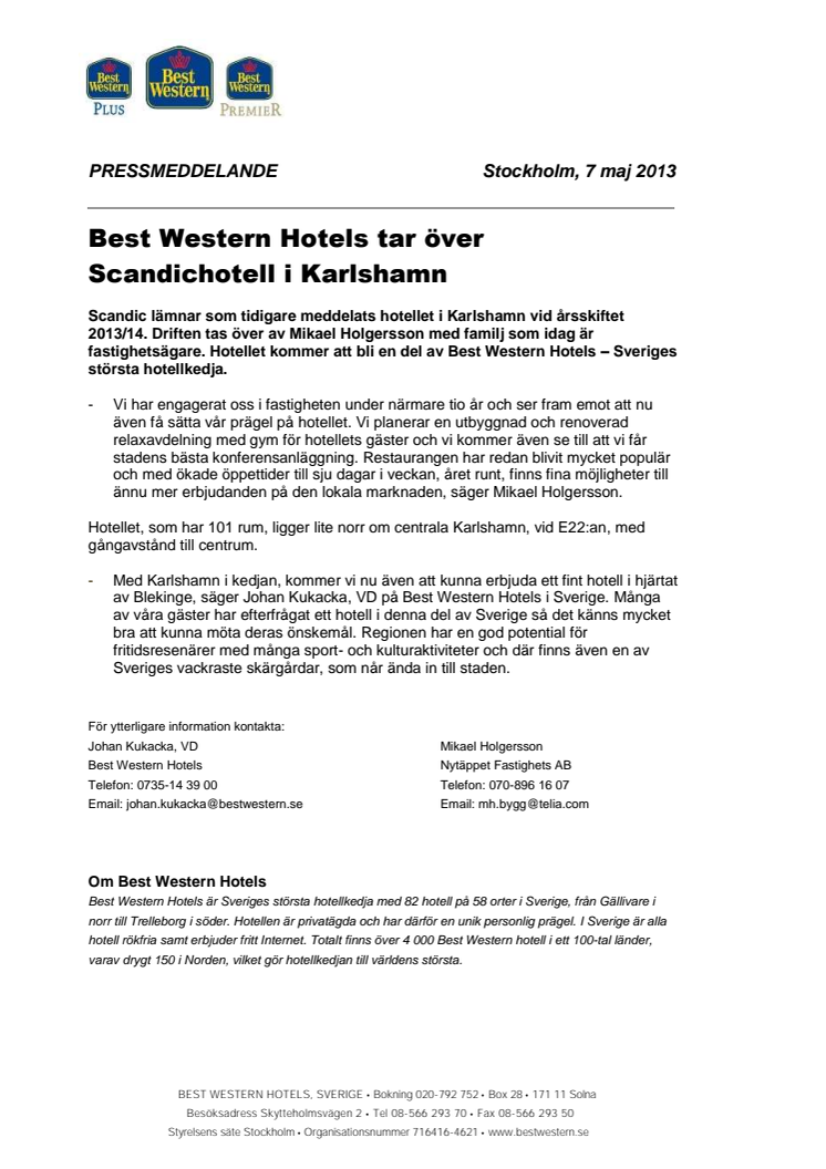 Best Western Hotels tar över Scandichotell i Karlshamn