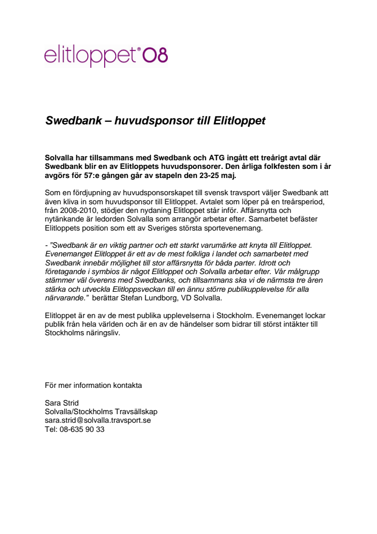Swedbank - huvudsponsor till Elitloppet