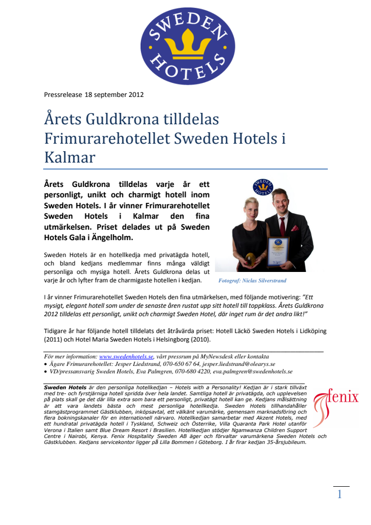 Årets Guldkrona tilldelas Frimurarehotellet Sweden Hotels i Kalmar