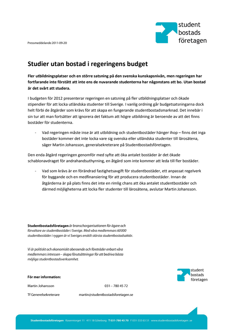 Studier utan bostad i regeringens budget