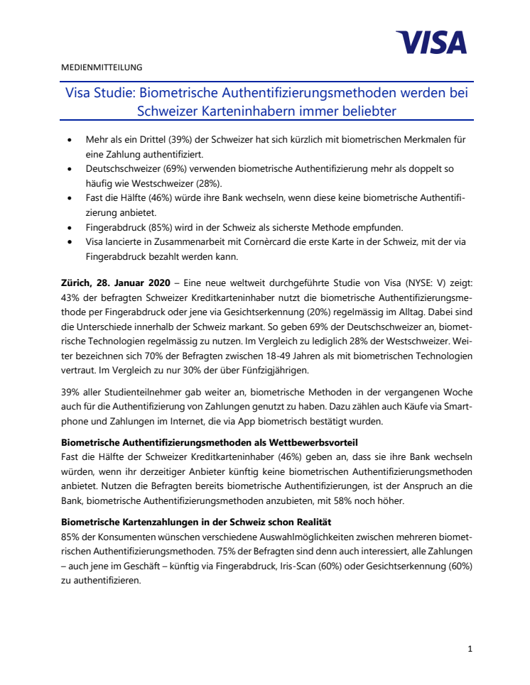 Visa Studie: Biometrische Authentifizierungsmethoden werden bei Schweizer Karteninhabern immer beliebter
