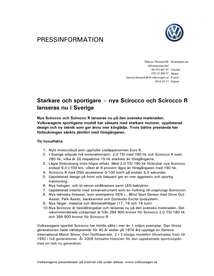 Starkare och sportigare – nya Scirocco och Scirocco R lanseras nu i Sverige