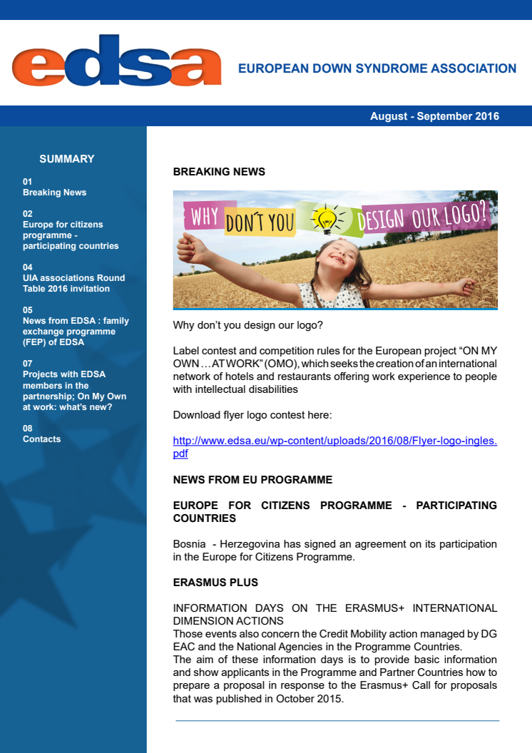 Nyhetsbrev från EDSA - European Down Syndrome Association