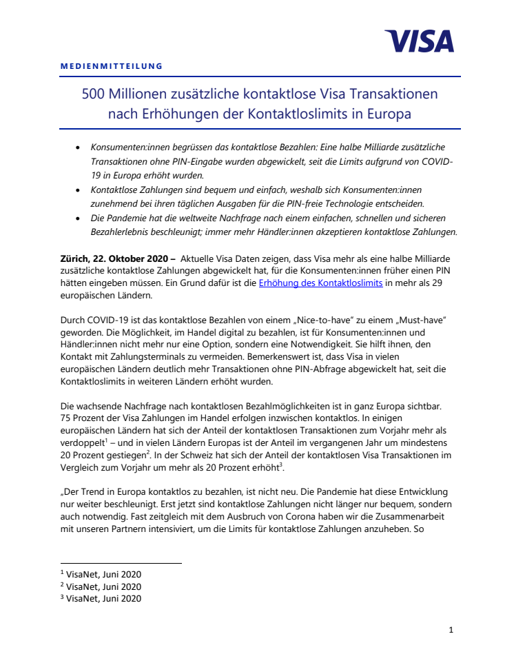 500 Millionen zusätzliche kontaktlose Visa Transaktionen nach Erhöhungen der Kontaktloslimits in Europa