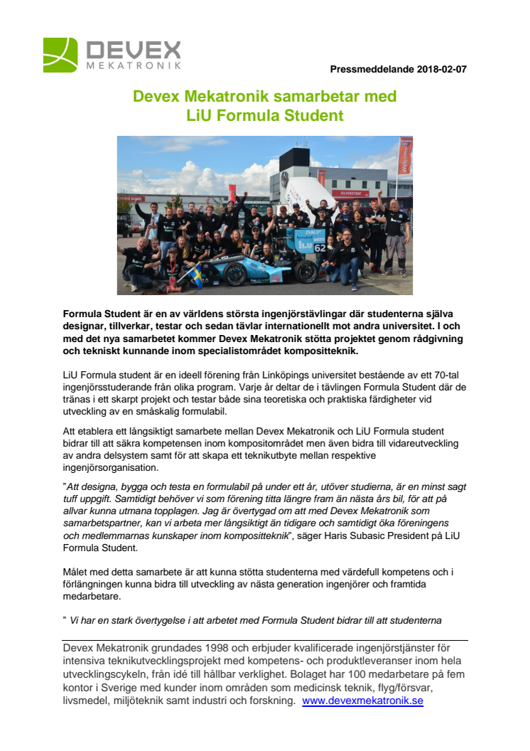 Devex Mekatronik samarbetar med LiU Formula Student