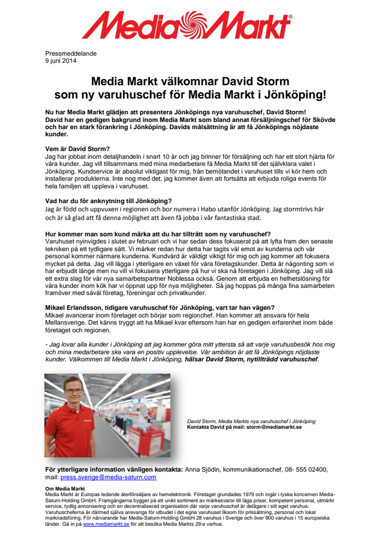 Media Markt välkomnar David Storm som ny varuhuschef för Media Markt i Jönköping!