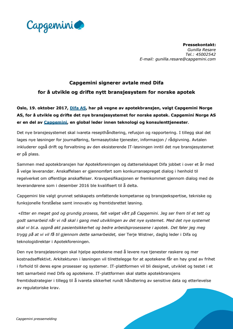 Capgemini signerer avtale med Difa  for å utvikle og drifte nytt bransjesystem for norske apotek  