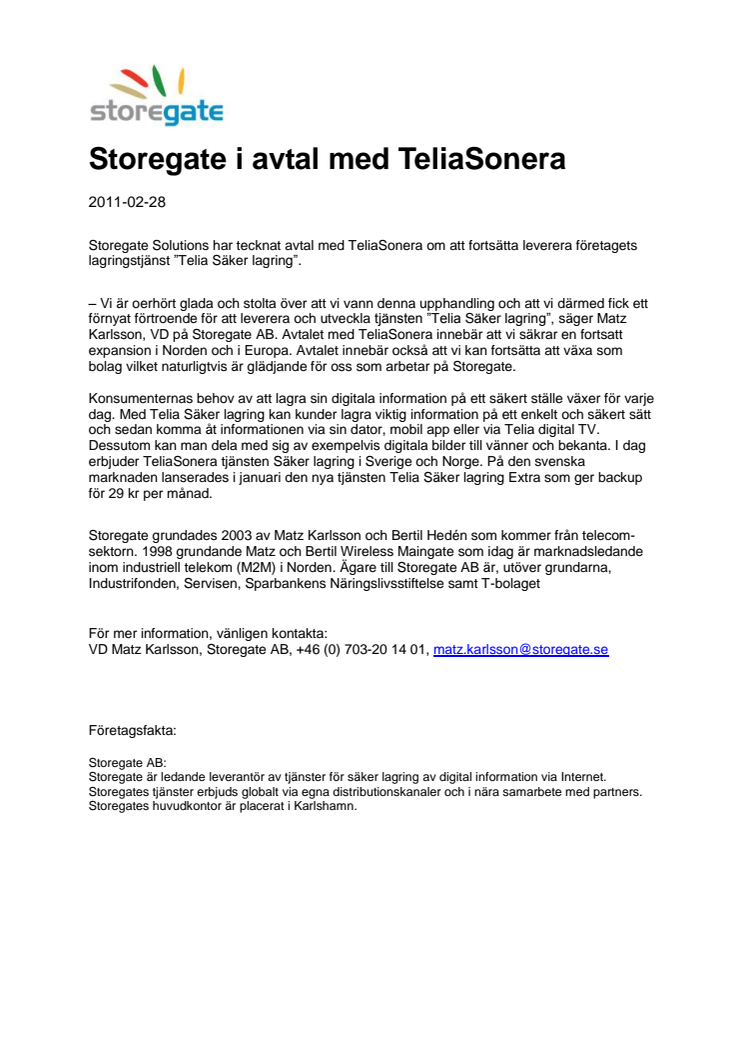 Storegate i avtal med TeliaSonera