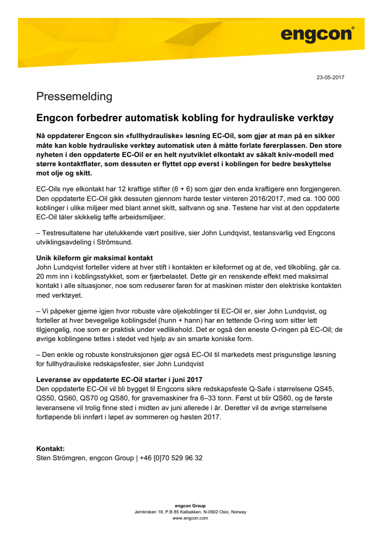 Engcon forbedrer automatisk kobling for hydrauliske verktøy