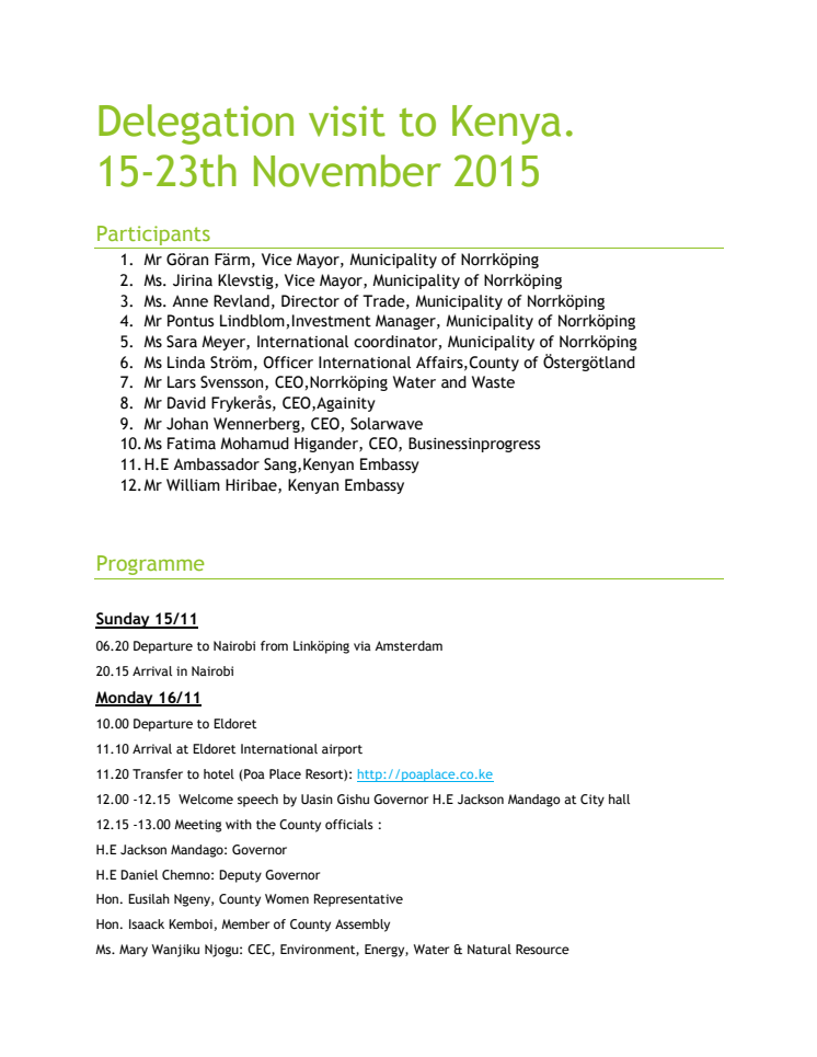 Program för Kenyabesök hösten 2015