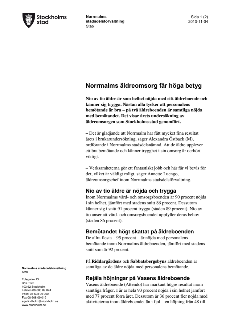 Norrmalms äldreomsorg får höga betyg