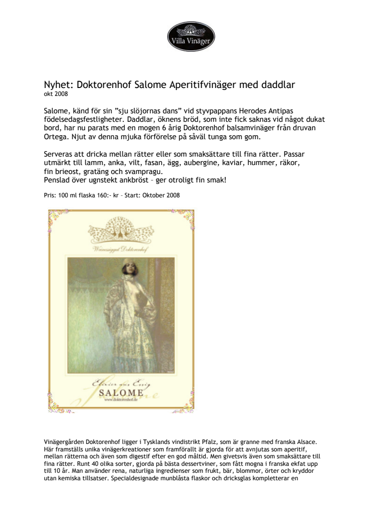 Nyhet! Doktorenhof Aperitifvinäger Salome med dadlar