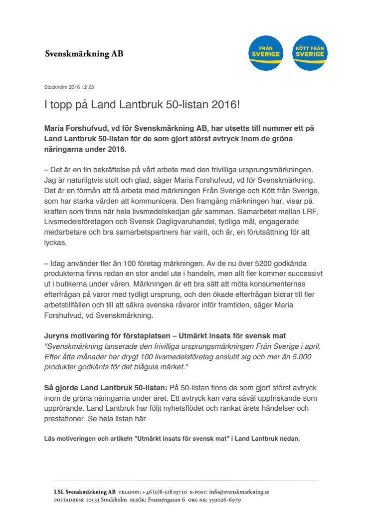 I topp på Land Lantbruk 50-listan 2016!