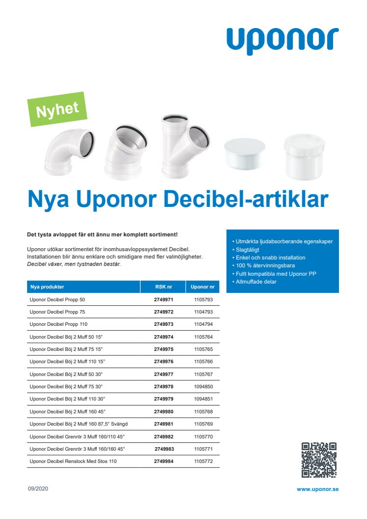 Uponors inomhusavloppssystem utökas med nya artiklar