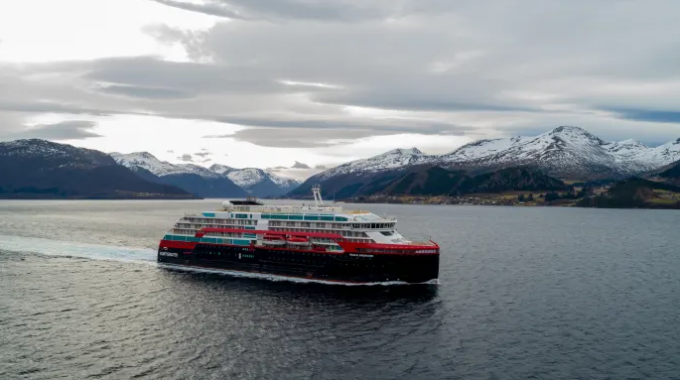 MS Roald Amundsen undergoing sea trials in the waters off Kleven Yard in Norway. Photo: UAVPIC.COM/Tor Erik Kvalsvik/Kleven/Hurtigruten