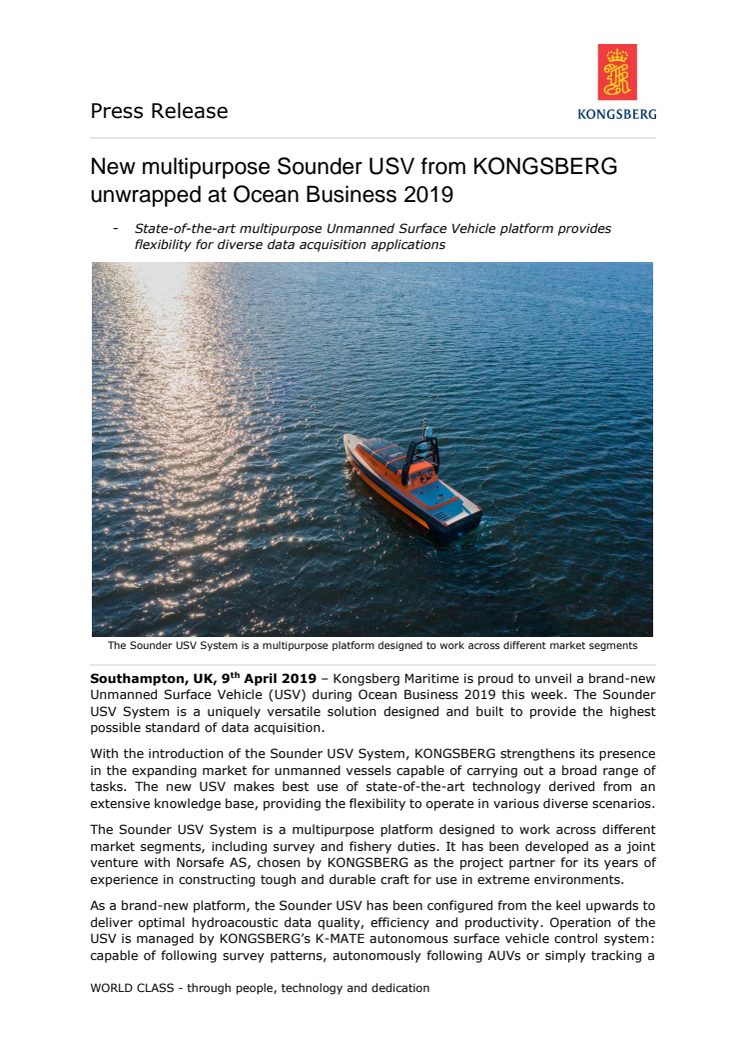 New multipurpose Sounder USV from KONGSBERG unwrapped at Ocean Business 2019