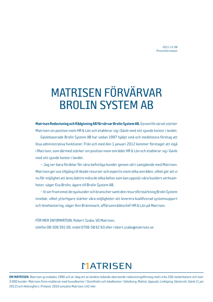 Matrisen förvärvar Brolin System AB