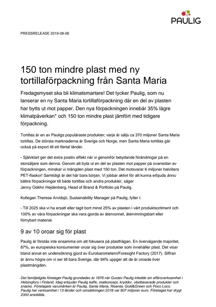 150 ton mindre plast med ny tortillaförpackning från Santa Maria
