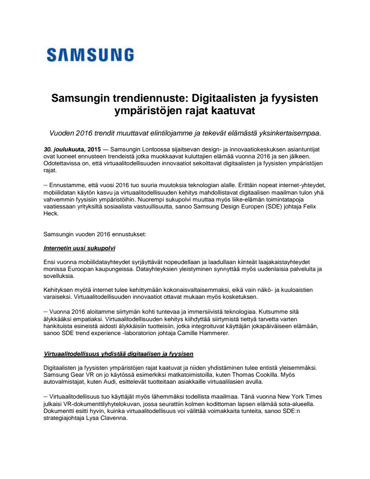 Samsungin trendiennuste: Digitaalisten ja fyysisten ympäristöjen rajat kaatuvat 