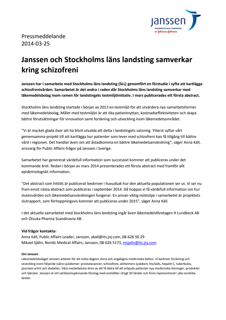 Janssen och Stockholms läns landsting samverkar kring schizofreni